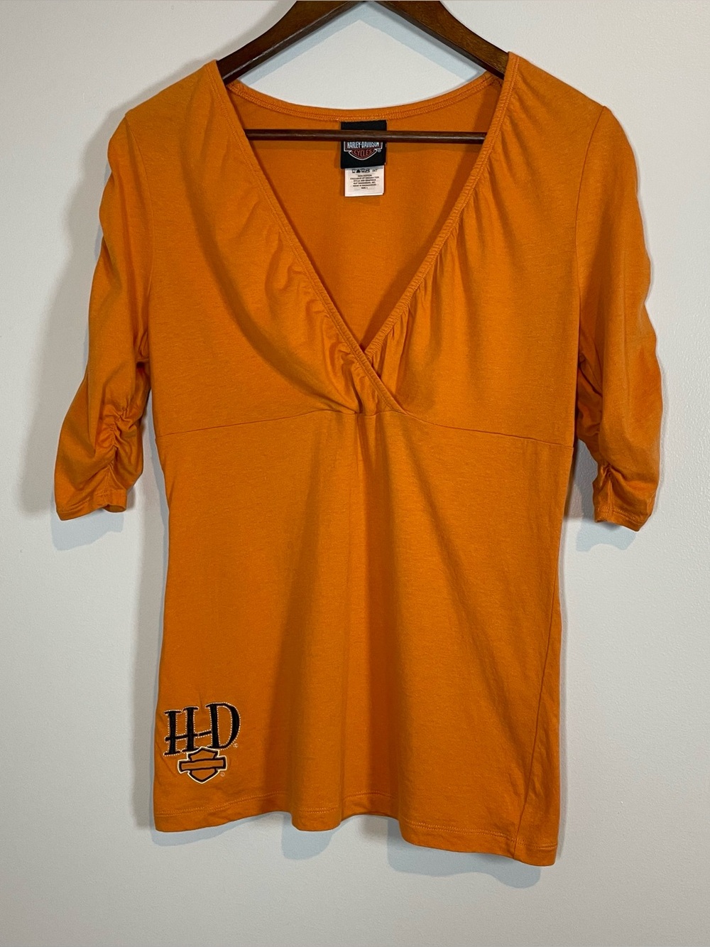 Harley Davidson Orange V-neck 100% Cotton Large Shirt